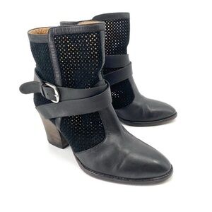 Aquatalia Fawn Western Buckle Perforated Heeled Bootie Black Almond Toe